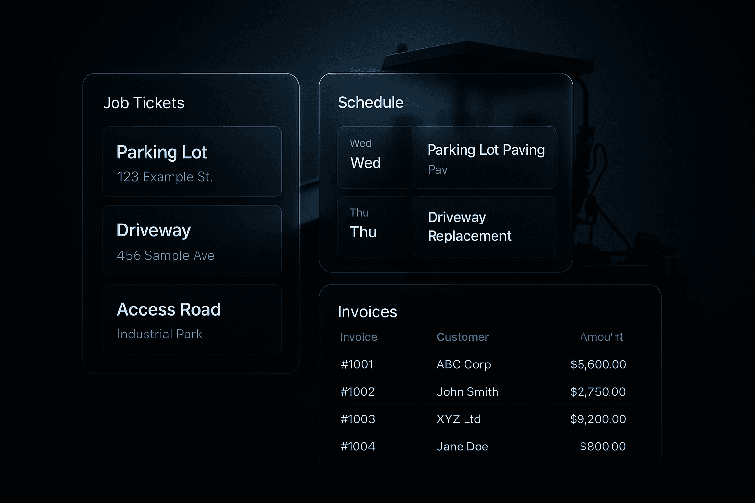 Dark dashboard concept showing job tickets, scheduling cards, and invoice rows in a glassmorphic UI.