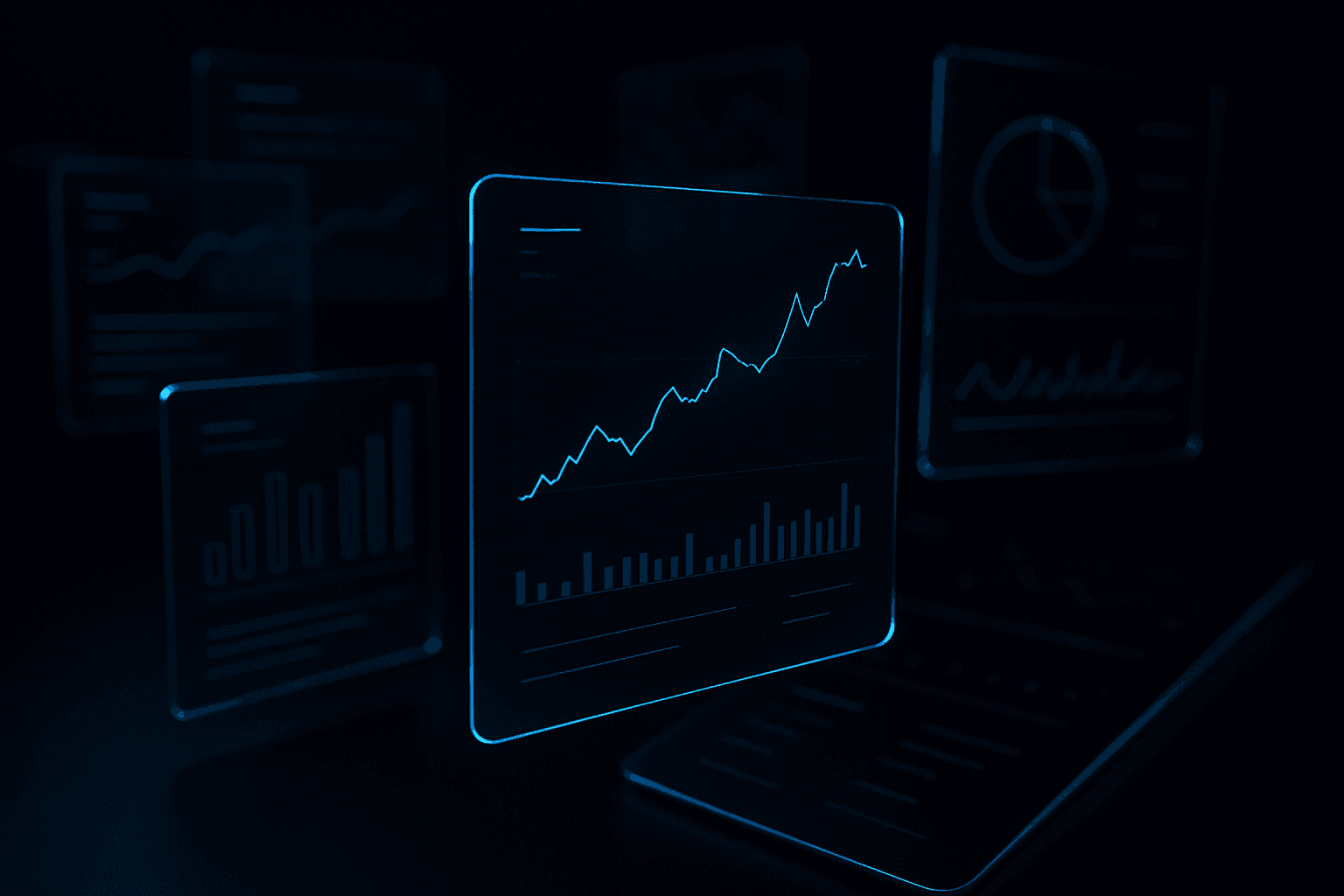 Dark abstract dashboard concept with floating glass UI panels and thin blue data lines on a near-black background.