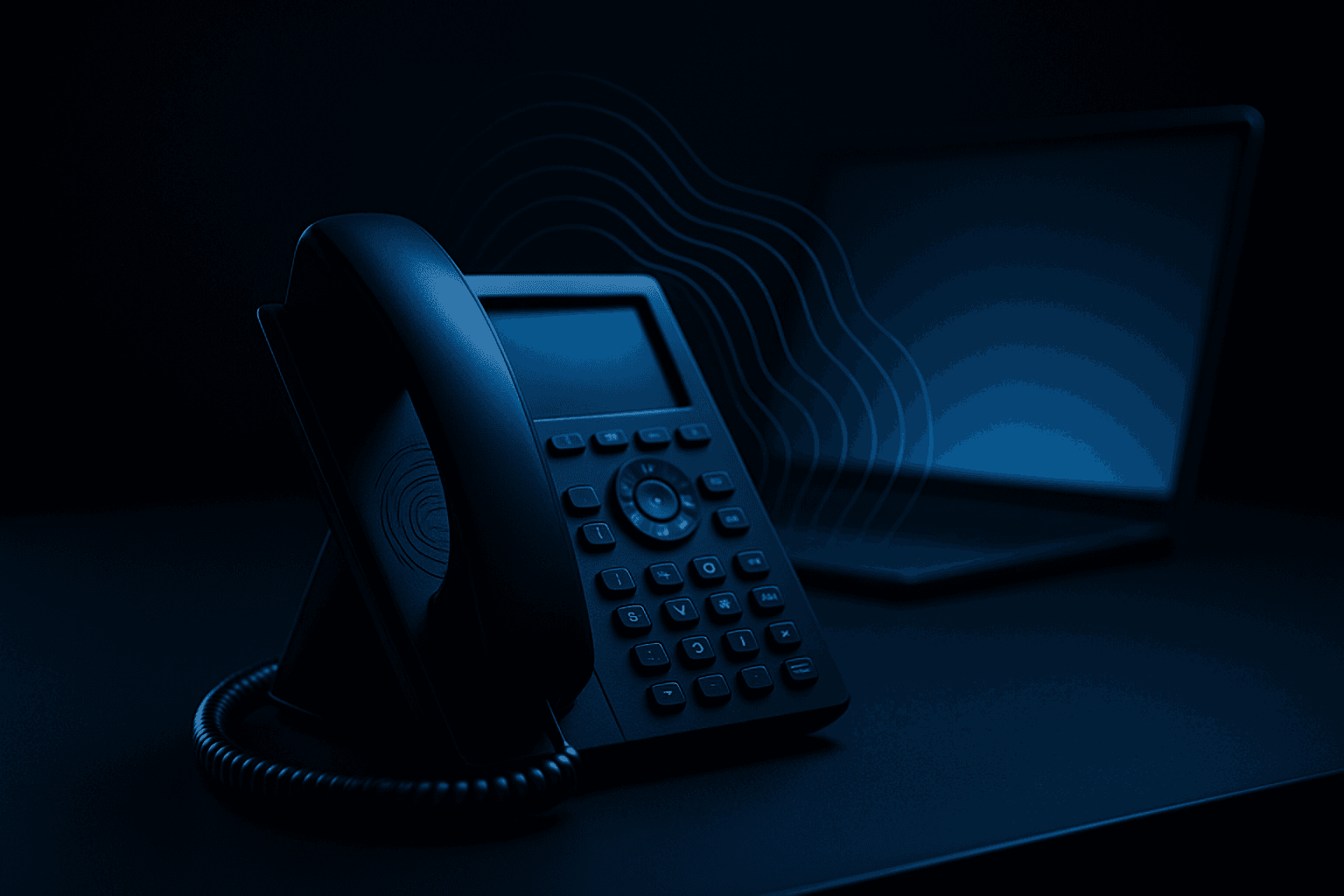 Black office phone on a desk at night, faint blue glow from a laptop screen, sound waves rendered as soft blue contour lines.