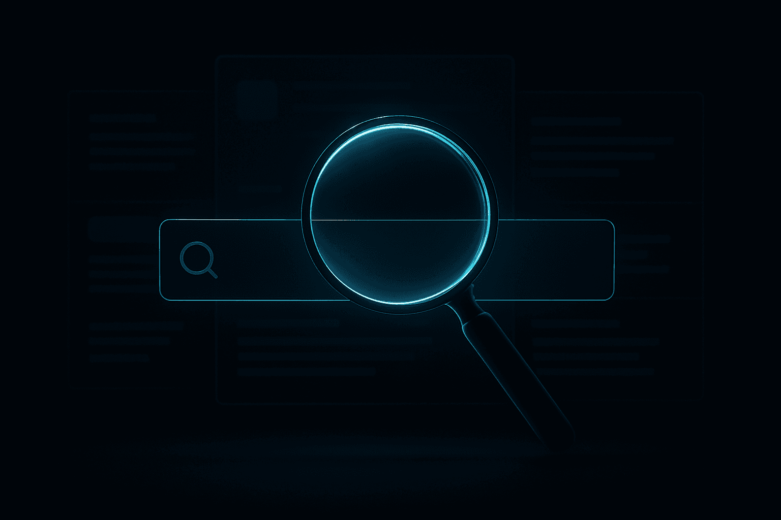 Glowing magnifying glass over a stylized search bar floating in a deep black void with ghosted result cards behind it.